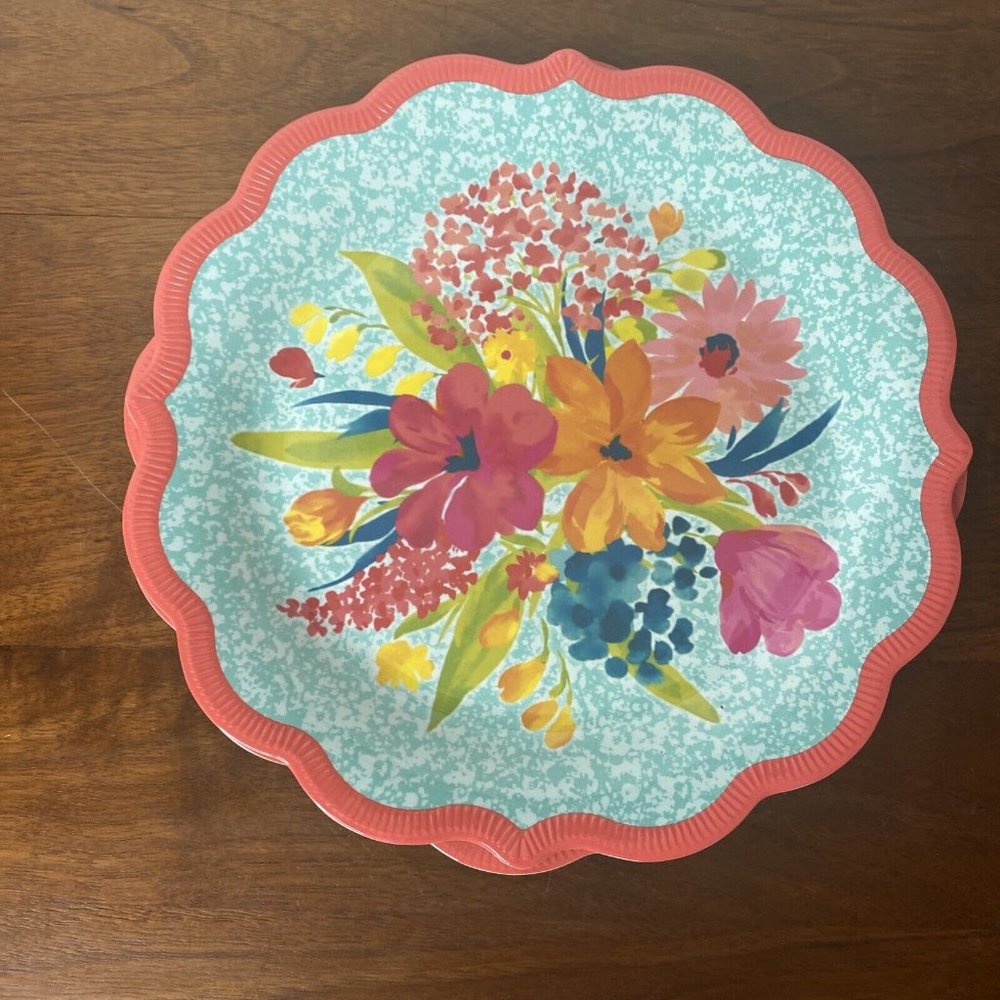 The Pioneer Woman Coral Floral Trim Melamine Plastic Dinner Plates 2 - Picture 3 of 6